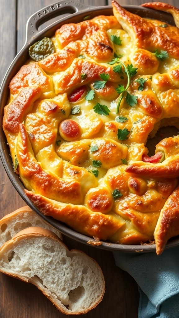 A golden vegetable bread bake with cheese and mixed vegetables, garnished with herbs on a wooden table.
